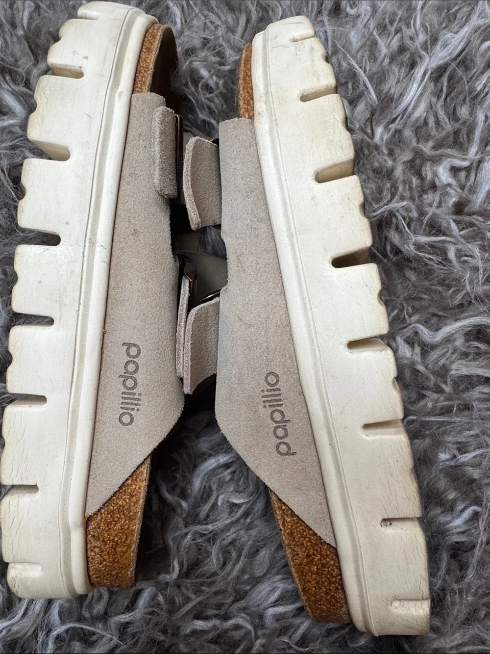Papillio Two-Band Buckle Suede Platforms by Birkenstock-Taupe
